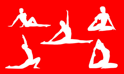 fitness woman doing exercise and Yoga pose, woman to do the splits silhouette portrait, gymnast figure, black and white contour outline drawing. Isolated on red background