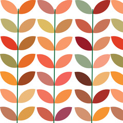 Beautiful  multicolored  Geometric retro leaves seamless pattern in  retro 70s style  on white background.  Great for home décor,  greeting cards, textile and wallpaper.