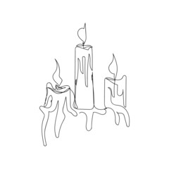 Burning three candles, molten wax one line art. Continuous line drawing of halloween theme, mystery, romance, gothic.