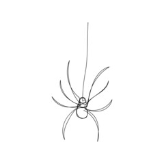 Spider on a string of cobwebs one line art. Continuous line drawing of halloween theme, gothic, horrible, black widow, karakurt, tarantula.