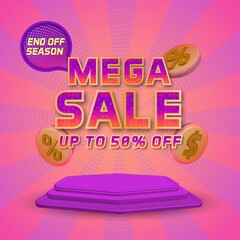 Social media discount promotion mega sale 3d podium display with sunburst background