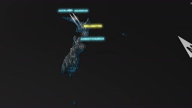 Seamless looping animation of the 3d terrain map at nighttime of New Zealand with the capital and the biggest cites in 4K resolution