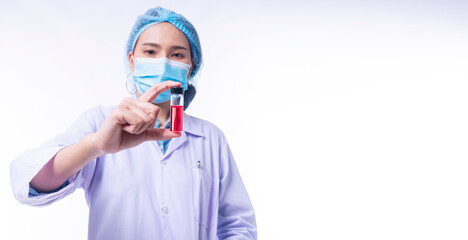 Hand of young woman doctor wear uniform white clothes and medical mask protection virus disease on nose while holding test tube with blood sample over isolated white background. Select focus
