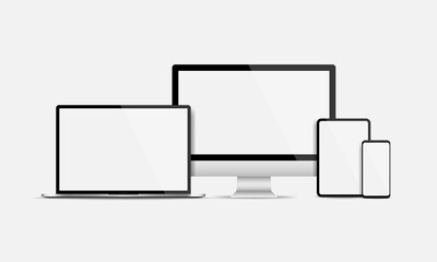 Realistic electronic devices display screen set. Blank screen of Computer, laptop, tablet and smartphone isolated. Vector illustration EPS 10