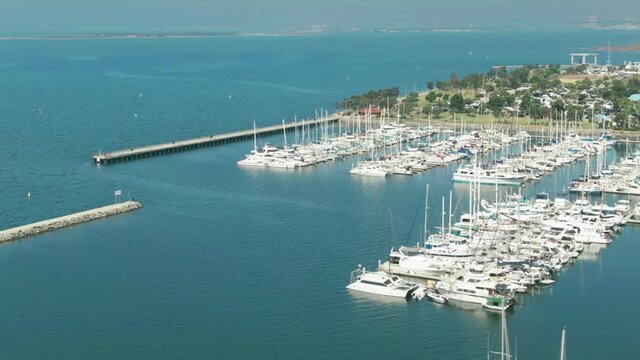 Aerial: Chula Vista Harbor With Yachts And Boats. San Diego, California, USA