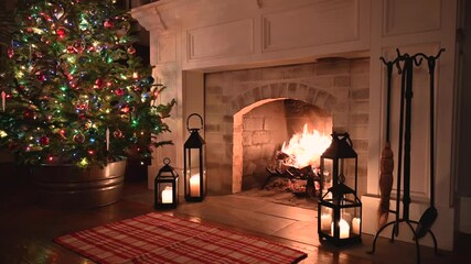 cozy fireplace at home with Christmas tree in the background
