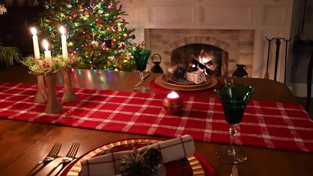 Romantic Christmas Or New Years Eve Table Setting Candlelight Dinner For Two At Home