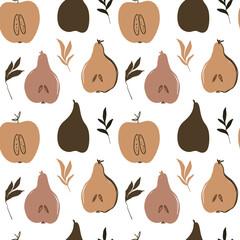 Abstract fall pear and apple seamless pattern on white background. Will be perfect for textile, fabric, packaging paper, scrapbook paper, web design. Abstract line art and shapes