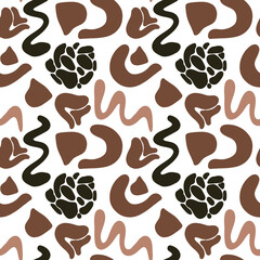 Mocha mousse color of 2025. Abstract shapes seamless pattern on white background. Will be perfect for textile, fabric, packaging paper, scrapbook paper, web design. Abstract line art and shapes