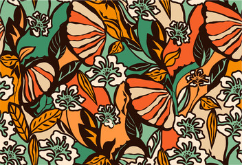Fototapeta na wymiar beautiful floral pattern in flat design and intense colors with green background, perfect for fabric and decoration