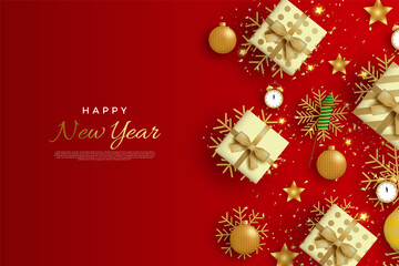 Fototapeta na wymiar Happy new year with realistic white and gold decoration Premium Vector.