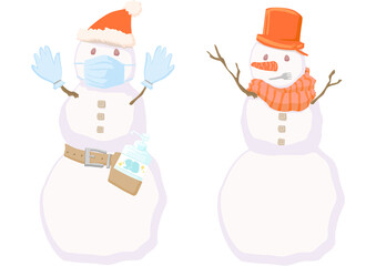 感染症対策をした雪だるまとマフラーを巻いた雪だるまのセットイラスト