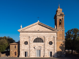 Madonna or Santa Maria del Soccorso Church in Montalcino, Tuscany, Italy with Facade and Belltower