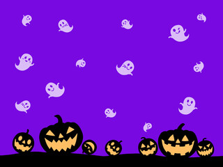 紫色の背景にシルエットのジャックオーランタンとおばけ
