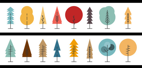 Set of trees icons various style geometric shape. Collection of forest tree nature cartoon. Flat design. Christmas concept. Geometric abstract shapes of forest trees. Minimalist. Vector illustration.