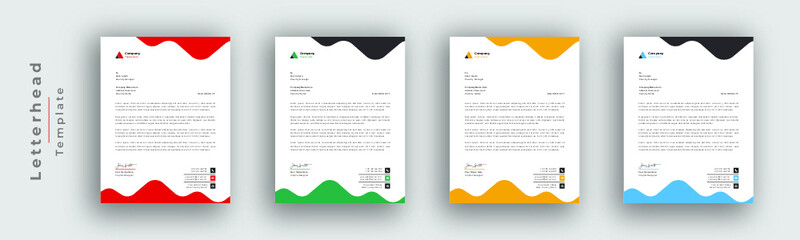 Multipurpose corporate businesses template with a4 size. stationery item modern letterhead. green, blue, red, and yellow with four color variations. 