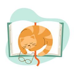 Cartoon cat sleeps on an open book. Reading literature. The concept of the character. Vector illustration in a flat style. Drawing for clothes, covers, posters, stickers.