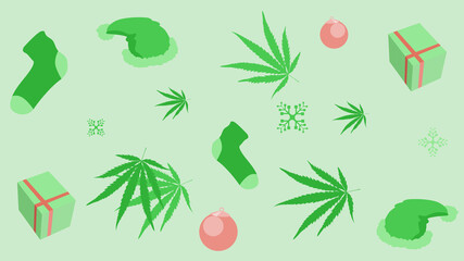 Abstract background and textured of seamless style. Christmas and mix marijuana leaf concept with Socks, Gift boxes and Santa hats.