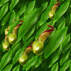 Pitcher plant pattern,  tropical pattern with  pitcher plant leaves.  Pitcher plant illustration tree.  Green pattern. Carnivorous plant.