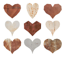 Set of nine angular hearts with textures. The collection includes: rusty metal and iron walls. Perfect for design.