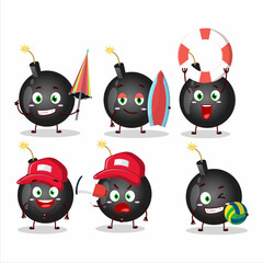 Happy Face bomb explosive firecracker cartoon character playing on a beach