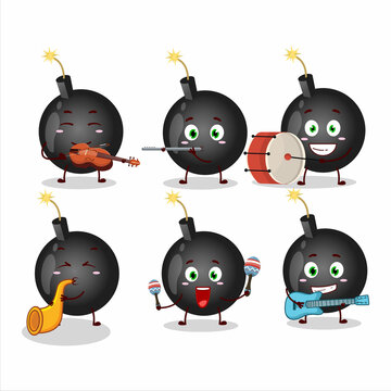 Cartoon character of bomb explosive firecracker playing some musical instruments