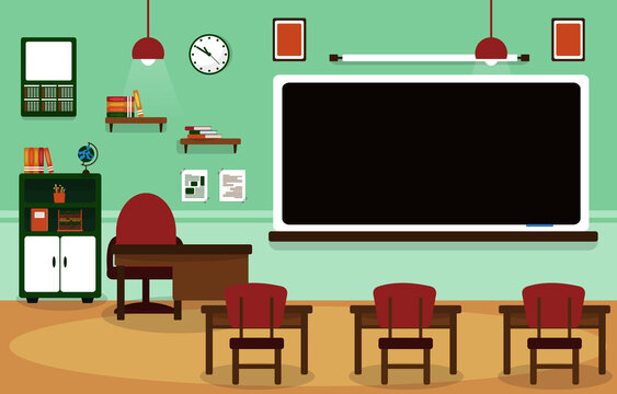 Class School Nobody Classroom Blackboard Table Chair Education Illustration