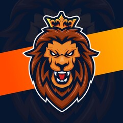 lion king head mascot character esport logo with crown for sport and game