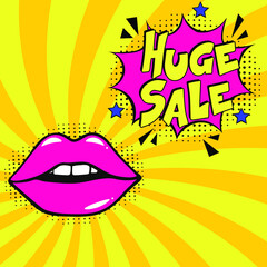 Huge Sale. Comic book explosion with text Huge Sale  promotion symbol. Vector bright cartoon illustration in retro pop art style. Advertising Discounts symbol. Announce promotion offer. 