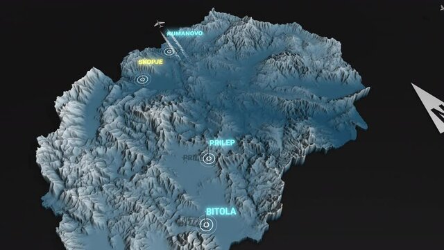 Seamless looping animation of the 3d terrain map at nighttime of North Macedonia with the capital and the biggest cites in 4K resolution