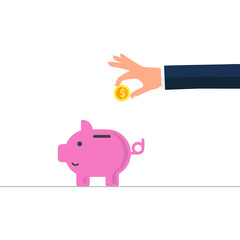 Hand saving coin in to the Piggy bank, flat business and finance cartoons in editable vector 
