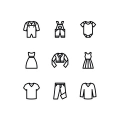 Clothing line icon set. Contains such icons as newborn, cardigan, dress, tshirt and jumpsuit.