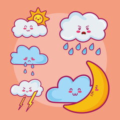 five kawaii clouds characters