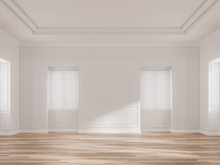 Empty classical style room 3d render,The rooms have wooden floors and white walls ,decorate with blind curtain