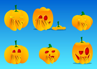 Decorative pumpkin for Halloween with hands over mouth as a cartoon character with face. Vector Illustration.
