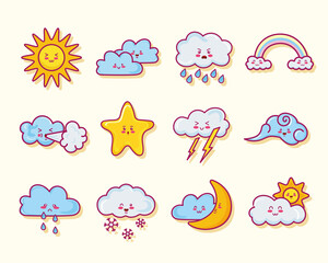 twelve kawaii clouds characters