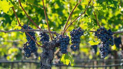 Bunches of black grapes in the Italian vineyards