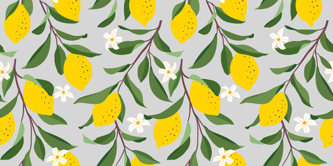Lemon seamless pattern. Trendy summer background. Vector bright print for fabric or wallpaper.