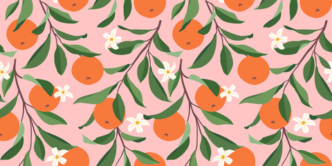 Seamless pattern with oranges. Trendy summer background. Vector bright print for fabric or wallpaper.