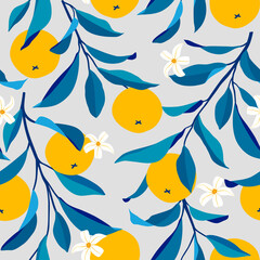 Seamless pattern with oranges. Trendy summer background. Vector bright print for fabric or wallpaper.