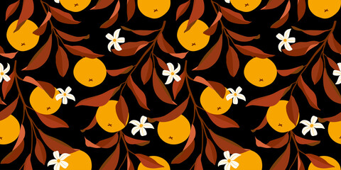 Seamless pattern with oranges. Trendy summer background. Vector bright print for fabric or wallpaper.