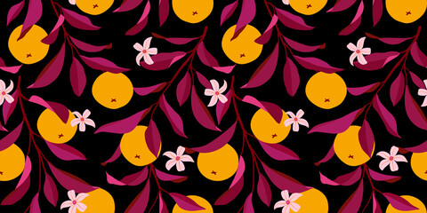 Seamless pattern with oranges. Trendy summer background. Vector bright print for fabric or wallpaper.