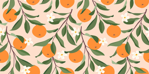 Seamless pattern with oranges. Trendy summer background. Vector bright print for fabric or wallpaper.