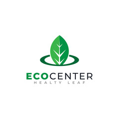 Leaf Eco Center Logo Design. Green Leaf Combined with Frame Icon Vector Illustration