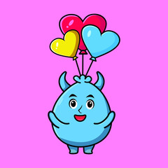 Blue magician goblin cartoon monster vector image with balloon on pink background cartoon icon illustration design isolated flat cartoon style