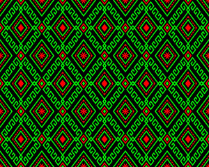 Green Red Tribe or Ethnic Seamless Pattern on Black Background in Symmetry Rhombus Geometric Bohemian Style for Clothing or Apparel,Embroidery,Fabric,Package Design