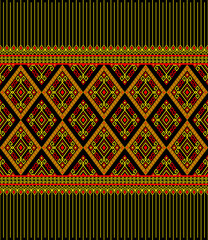 Yellow Red Ethnic or Tribal Seamless Pattern on Black Background in Symmetry Rhombus Geometric Bohemian Style for Clothing or Apparel,Embroidery,Fabric,Package Design