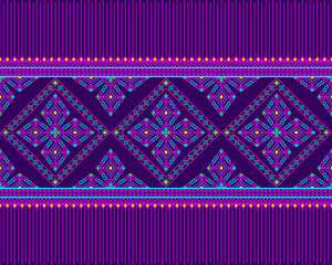 Magenta Turquoise Native or Tribe Seamless Pattern on Purple Background in Symmetry Rhombus Geometric Bohemian Style for Clothing or Apparel,Embroidery,Fabric,Package Design