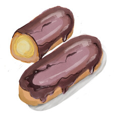 Watercolor illustration of chocolate glazed eclairs.  Watercolor illustration eclairs isolated on white 