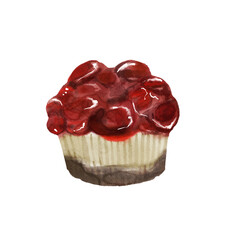 Watercolor illustration of a cherry chocolate cupcake. Watercolor illustration of a berry dessert  isolated on white